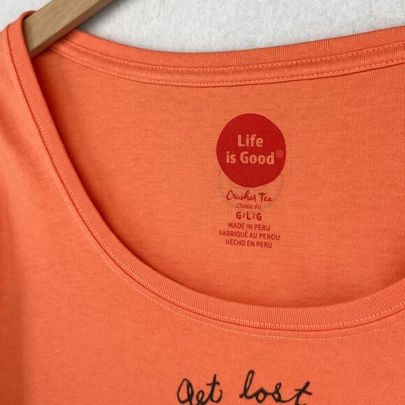 LIFE IS GOOD Shirt Womens L Get Lost Get Found Book Crusher Tee Cotton Orange - Picture 5 of 12